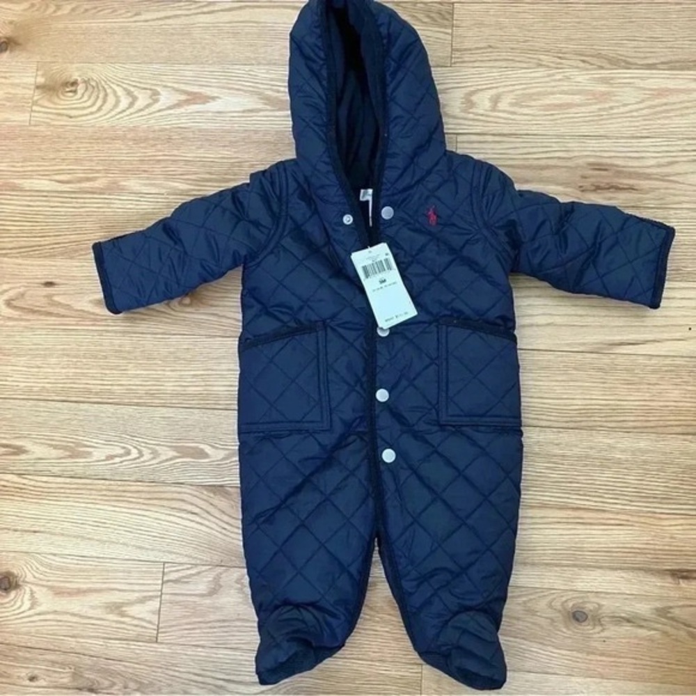 NWT  Ralph Lauren one piece quilted navy hooded suit